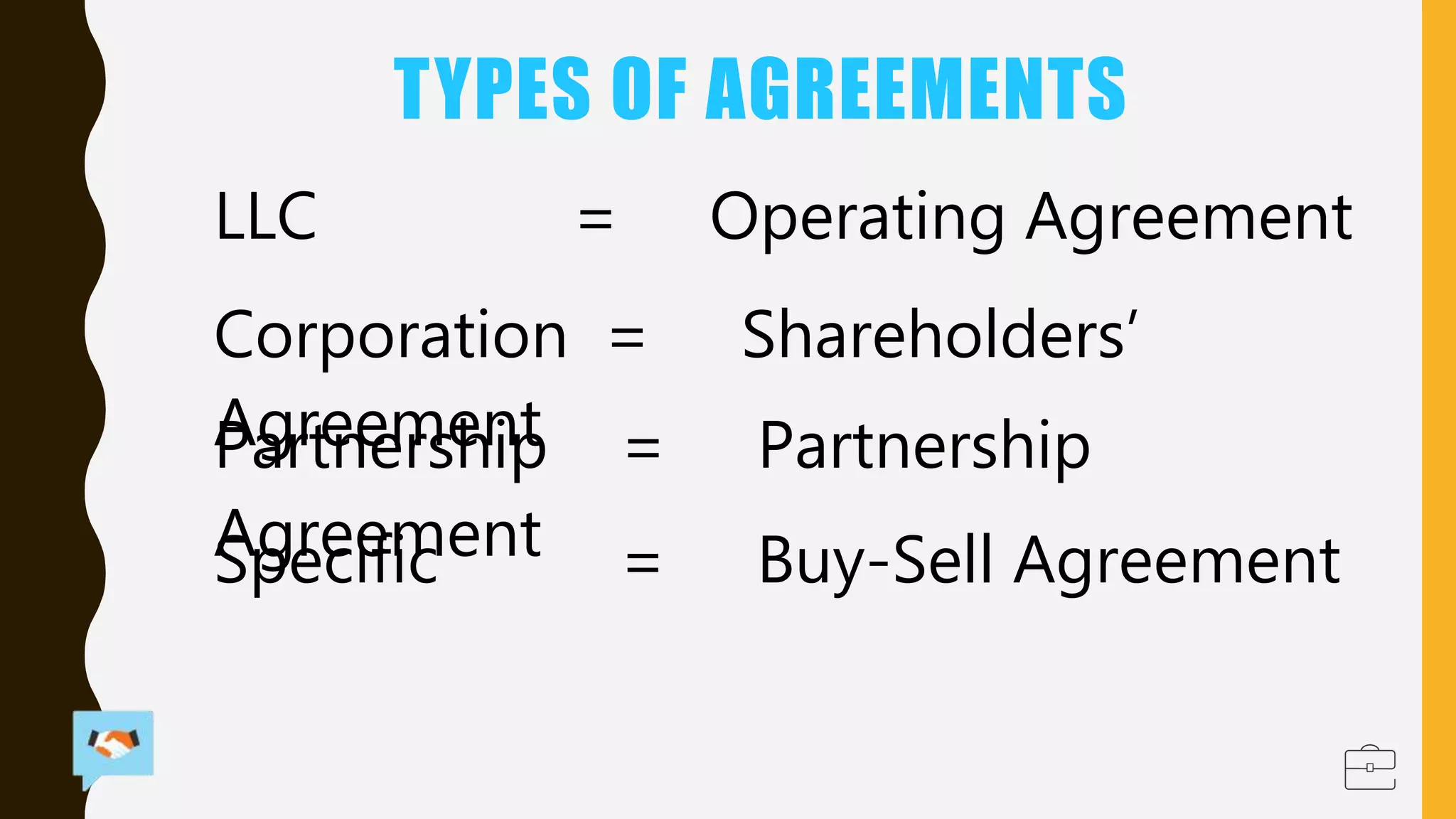 LLC = Operating Agreement
Corporation = Shareholders’
Agreement
Partnership = Partnership
Agreement
Specific = Buy-Sell Agreement
TYPES OF AGREEMENTS
 
