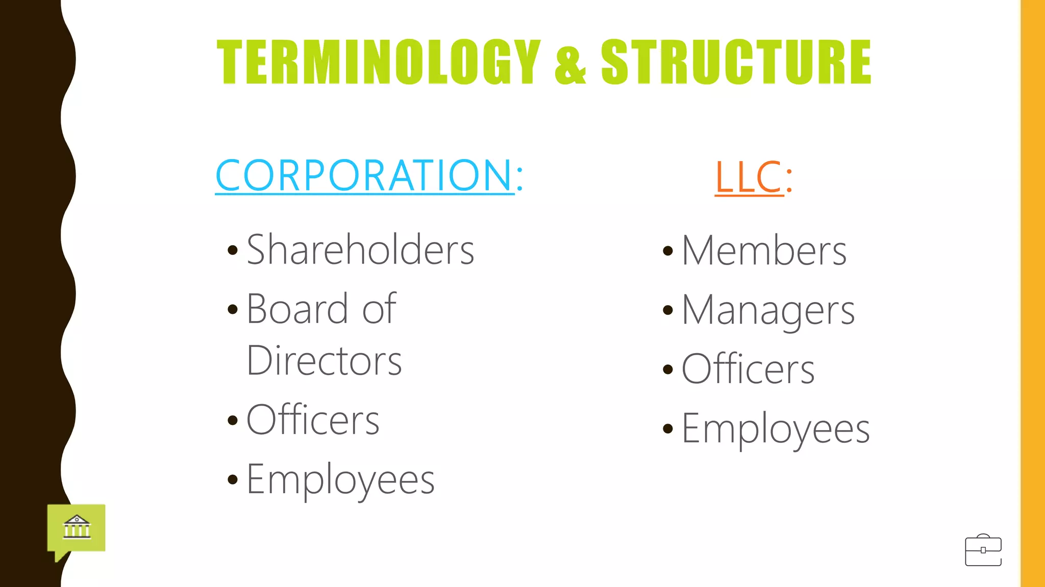 TERMINOLOGY & STRUCTURE
CORPORATION:
•Shareholders
•Board of
Directors
•Officers
•Employees
LLC:
•Members
•Managers
•Officers
•Employees
 