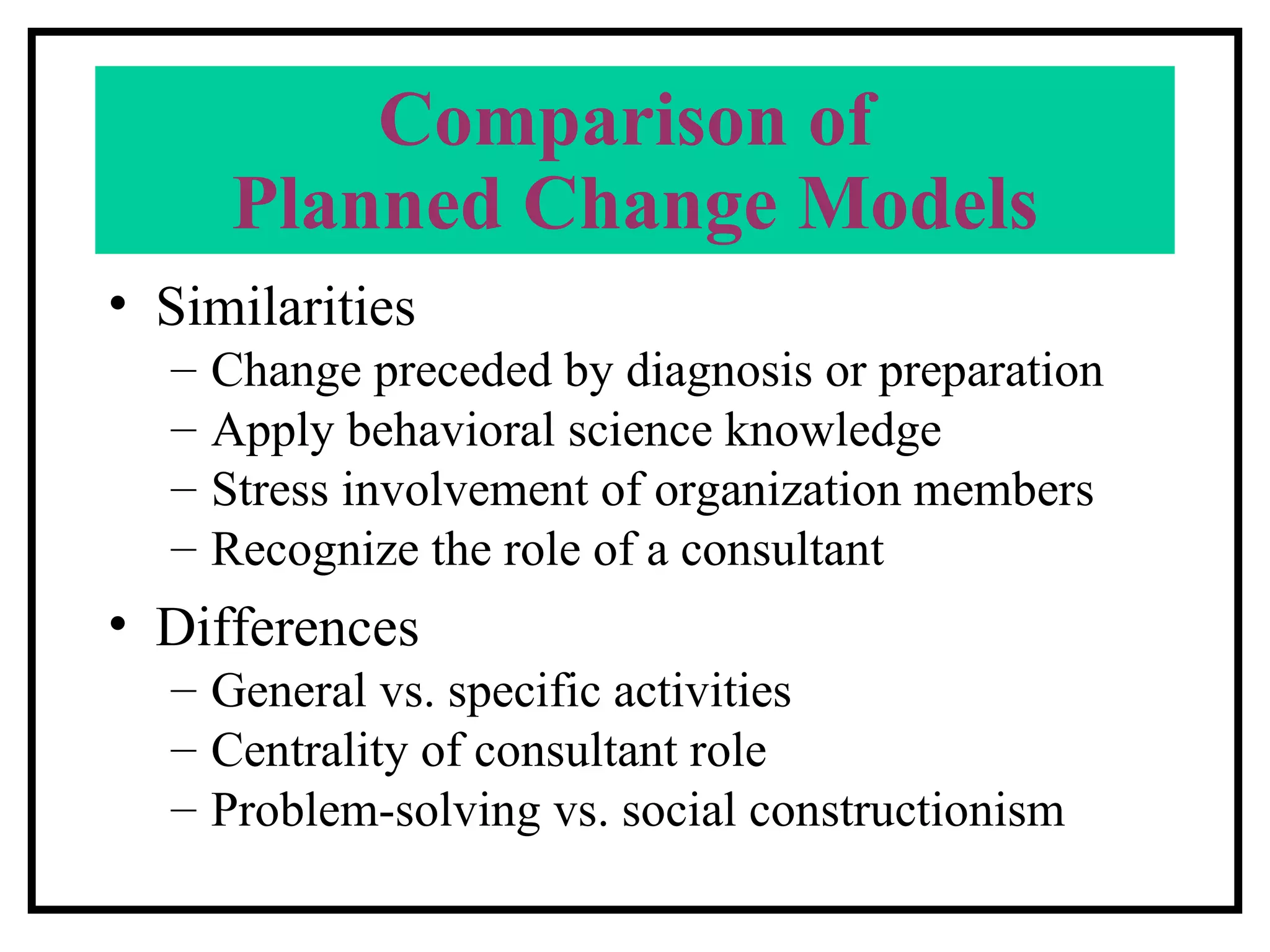 Comparison of  Planned Change Models Similarities Change preceded by diagnosis or preparation Apply behavioral science knowledge Stress involvement of organization members Recognize the role of a consultant Differences General vs. specific activities Centrality of consultant role Problem-solving vs. social constructionism 
