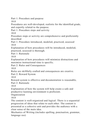 Part 1: Procedure and purpose
10.0
Procedures are well-developed, realistic for the identified grade,
and expertly related to the purpose.
Part 1: Procedure steps and activity
10.0
Procedure steps or activity are comprehensive and proficiently
described
Part 1: Procedure introduced, modeled, practiced, assessed
10.0
Explanation of how procedures will be introduced, modeled,
practiced, assessed is thorough.
Part 1: Rationale
10.0
Explanation of how procedures will minimize distractions and
maximize instructional time is specific.
Part 2: Rules and Consequences
10.0
Rules are skillfully crafted and consequences are creative.
Part 2: Reward System
10.0
Reward system is effective and documentation is reasonable.
Part 2: Rationale
10.0
Explanation of how the system will help create a safe and
productive learning environment is proficient.
Organization
10.0
The content is well-organized and logical. There is a sequential
progression of ideas that relate to each other. The content is
presented as a cohesive unit and provides the audience with a
clear sense of the main idea.
Mechanics of Writing (includes spelling, punctuation, grammar,
language use)
 