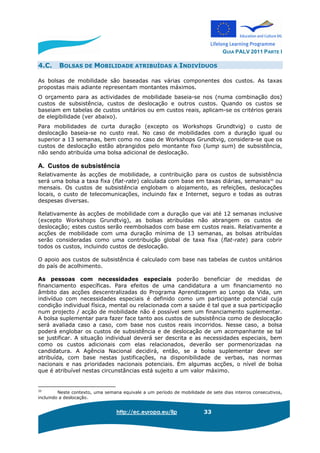 GUIA PALV 2011 PARTE I
http://ec.europa.eu/llp 33
4.C. BOLSAS DE MOBILIDADE ATRIBUÍDAS A INDIVÍDUOS
As bolsas de mobilidade são baseadas nas várias componentes dos custos. As taxas
propostas mais adiante representam montantes máximos.
O orçamento para as actividades de mobilidade baseia-se nos (numa combinação dos)
custos de subsistência, custos de deslocação e outros custos. Quando os custos se
baseiam em tabelas de custos unitários ou em custos reais, aplicam-se os critérios gerais
de elegibilidade (ver abaixo).
Para mobilidades de curta duração (excepto os Workshops Grundtvig) o custo de
deslocação baseia-se no custo real. No caso de mobilidades com a duração igual ou
superior a 13 semanas, bem como no caso de Workshops Grundtvig, considera-se que os
custos de deslocação estão abrangidos pelo montante fixo (lump sum) de subsistência,
não sendo atribuída uma bolsa adicional de deslocação.
A. Custos de subsistência
Relativamente às acções de mobilidade, a contribuição para os custos de subsistência
será uma bolsa a taxa fixa (flat-rate) calculada com base em taxas diárias, semanais20
ou
mensais. Os custos de subsistência englobam o alojamento, as refeições, deslocações
locais, o custo de telecomunicações, incluindo fax e Internet, seguro e todas as outras
despesas diversas.
Relativamente às acções de mobilidade com a duração que vai até 12 semanas inclusive
(excepto Workshops Grundtvig), as bolsas atribuídas não abrangem os custos de
deslocação; estes custos serão reembolsados com base em custos reais. Relativamente a
acções de mobilidade com uma duração mínima de 13 semanas, as bolsas atribuídas
serão consideradas como uma contribuição global de taxa fixa (flat-rate) para cobrir
todos os custos, incluindo custos de deslocação.
O apoio aos custos de subsistência é calculado com base nas tabelas de custos unitários
do país de acolhimento.
As pessoas com necessidades especiais poderão beneficiar de medidas de
financiamento específicas. Para efeitos de uma candidatura a um financiamento no
âmbito das acções descentralizadas do Programa Aprendizagem ao Longo da Vida, um
indivíduo com necessidades especiais é definido como um participante potencial cuja
condição individual física, mental ou relacionada com a saúde é tal que a sua participação
num projecto / acção de mobilidade não é possível sem um financiamento suplementar.
A bolsa suplementar para fazer face tanto aos custos de subsistência como de deslocação
será avaliada caso a caso, com base nos custos reais incorridos. Nesse caso, a bolsa
poderá englobar os custos de subsistência e de deslocação de um acompanhante se tal
se justificar. A situação individual deverá ser descrita e as necessidades especiais, bem
como os custos adicionais com elas relacionados, deverão ser pormenorizadas na
candidatura. A Agência Nacional decidirá, então, se a bolsa suplementar deve ser
atribuída, com base nestas justificações, na disponibilidade de verbas, nas normas
nacionais e nas prioridades nacionais potenciais. Em algumas acções, o nível de bolsa
que é atribuível nestas circunstâncias está sujeito a um valor máximo.
20
Neste contexto, uma semana equivale a um período de mobilidade de sete dias inteiros consecutivos,
incluindo a deslocação.
 