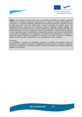 GUIA PALV 2011 PARTE I
http://ec.europa.eu/llp 34
NOTA: Os candidatos deverão notar que os montantes indicados nas tabelas seguintes
referem-se a máximos absolutos permissíveis em todos os países participantes no
programa. Os montantes efectivos atribuídos pelas Agências Nacionais específicas variam
de país para país e de uma acção para a outra, e poderão, em alguns casos, ser
significativamente inferiores aos montantes máximos indicados nessas tabelas. Ao
determinar os montantes efectivos a serem atribuídos, as Agências Nacionais deverão ter
particularmente em conta o orçamento total de que dispõem, o volume total da procura
no seu respectivo país, a necessidade de tratamento equitativo de todos os beneficiários
no seu país. Aconselha-se, por conseguinte, vivamente aos candidatos que consultem o
portal da Agência Nacional competente no seu país, de modo a apurar os montantes
efectivos que é provável receberem se a sua candidatura for bem-sucedida.
Comenius
Os candidatos a acções de mobilidade Comenius no âmbito da formação inicial de
professores no quadro de projectos multilaterais Comenius devem consultar a tabela de
Custos de Subsistência no portal da EACEA de modo a apurarem os montantes máximos
elegíveis por semana.
 