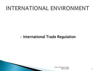    International Trade Regulation




                      Econ. Christian Suárez
                                Molina, MAE    5
 