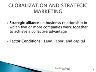    Strategic alliance : a business relationship in
    which two or more companies work together
    to achieve a collective advantage

   Factor Conditions: Land, labor, and capital




                               Econ. Christian Suárez
                                         Molina, MAE    8
 