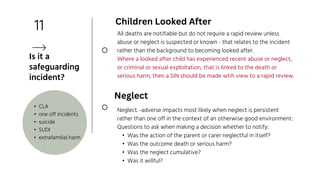 11
• CLA
• one off incidents
• suicide
• SUDI
• extrafamilial harm
Is it a
safeguarding
incident?
Neglect. -adverse impacts most likely when neglect is persistent
rather than one off in the context of an otherwise good environment:
Questions to ask when making a decision whether to notify:
• Was the action of the parent or carer neglectful in itself?
• Was the outcome death or serious harm?
• Was the neglect cumulative?
• Was it willful?
All deaths are notifiable but do not require a rapid review unless
abuse or neglect is suspected or known - that relates to the incident
rather than the background to becoming looked after.
Where a looked after child has experienced recent abuse or neglect,
or criminal or sexual exploitation, that is linked to the death or
serious harm, then a SIN should be made wtih view to a rapid review.
Children Looked After
Neglect
 
