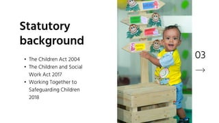 03
Statutory
background
• The Children Act 2004
• The Children and Social
Work Act 2017
• Working Together to
Safeguarding Children
2018
 