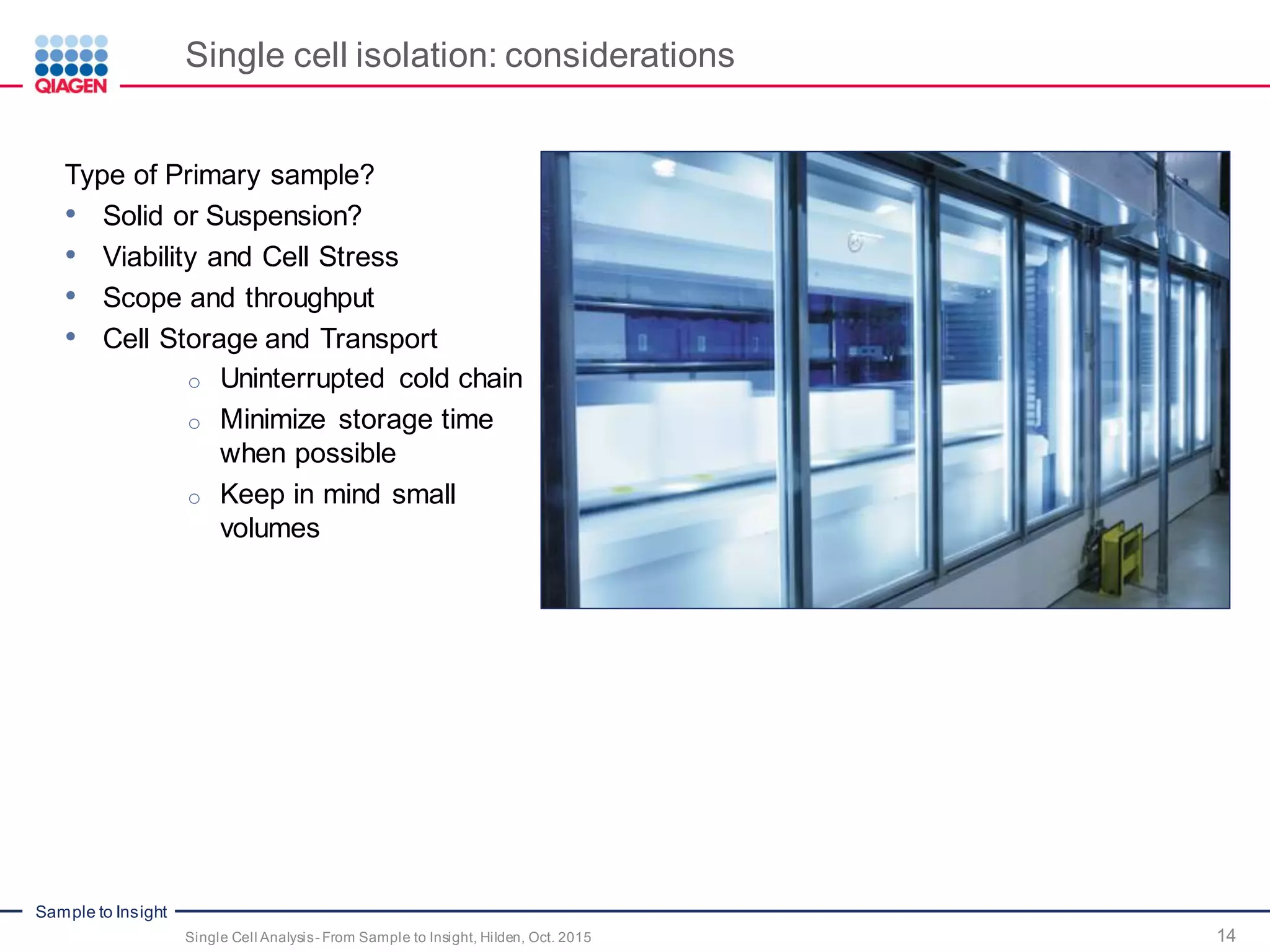 Sample to Insight
Single cell isolation: considerations
14Single Cell Analysis- From Sample to Insight, Hilden, Oct. 2015
Type of Primary sample?
• Solid or Suspension?
• Viability and Cell Stress
• Scope and throughput
• Cell Storage and Transport
o Uninterrupted cold chain
o Minimize storage time
when possible
o Keep in mind small
volumes
 