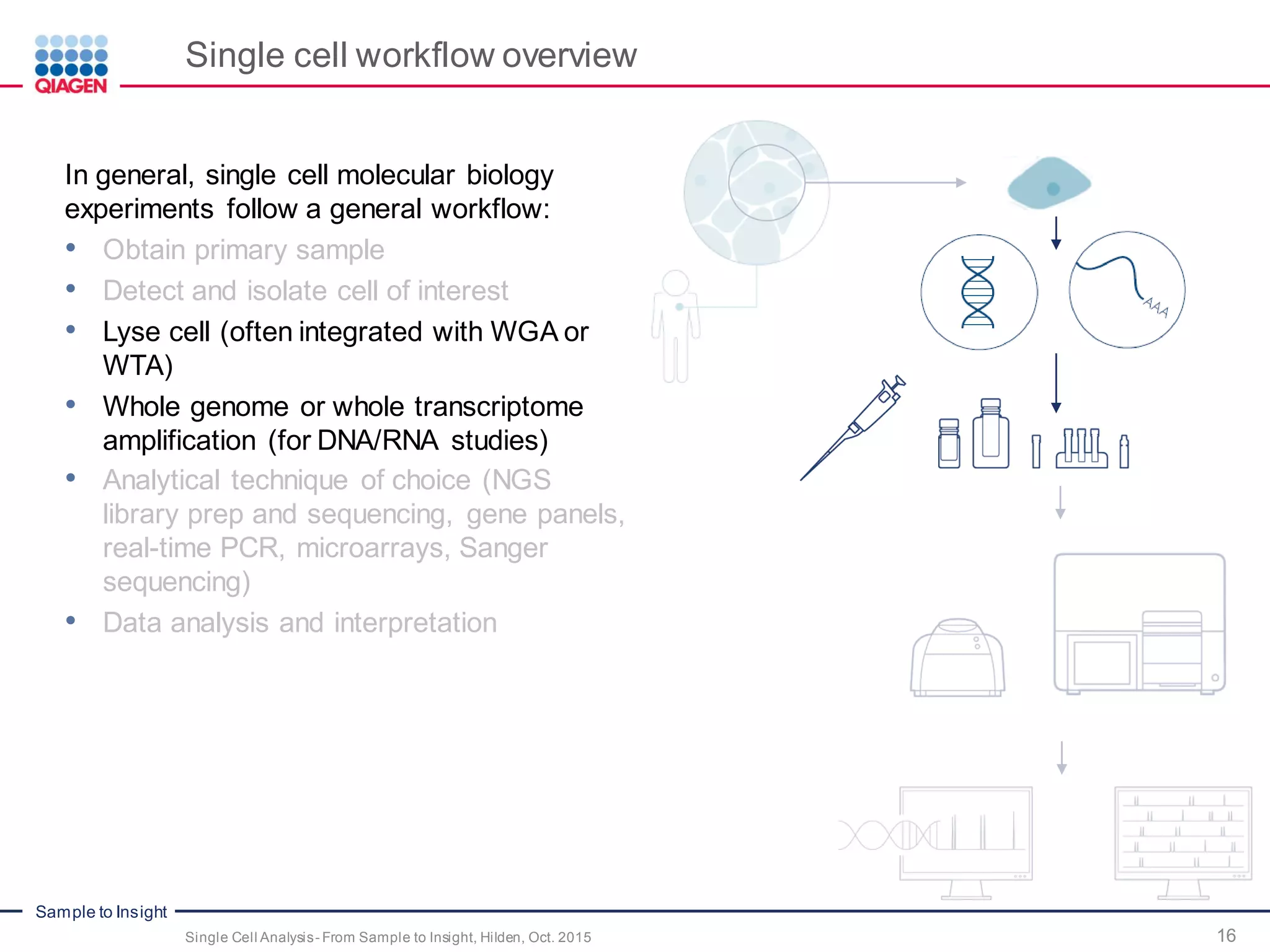 Sample to Insight
Single cell workflow overview
16Single Cell Analysis- From Sample to Insight, Hilden, Oct. 2015
In general, single cell molecular biology
experiments follow a general workflow:
• Obtain primary sample
• Detect and isolate cell of interest
• Lyse cell (often integrated with WGA or
WTA)
• Whole genome or whole transcriptome
amplification (for DNA/RNA studies)
• Analytical technique of choice (NGS
library prep and sequencing, gene panels,
real-time PCR, microarrays, Sanger
sequencing)
• Data analysis and interpretation
 