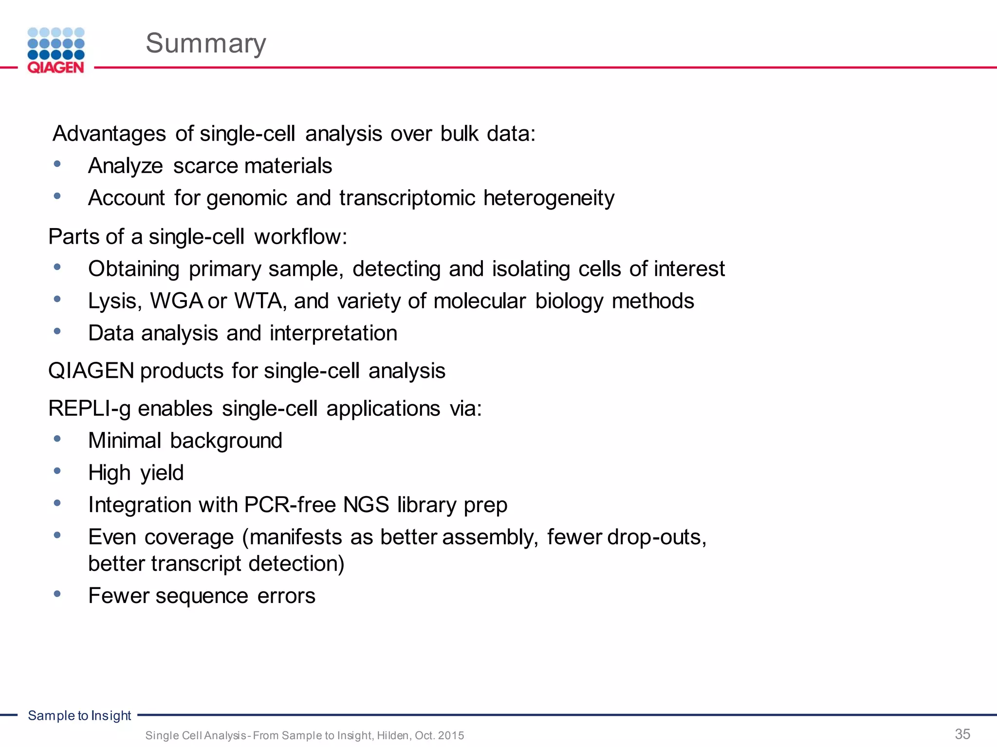 Sample to Insight
Summary
35
Advantages of single-cell analysis over bulk data:
• Analyze scarce materials
• Account for genomic and transcriptomic heterogeneity
Parts of a single-cell workflow:
• Obtaining primary sample, detecting and isolating cells of interest
• Lysis, WGA or WTA, and variety of molecular biology methods
• Data analysis and interpretation
QIAGEN products for single-cell analysis
REPLI-g enables single-cell applications via:
• Minimal background
• High yield
• Integration with PCR-free NGS library prep
• Even coverage (manifests as better assembly, fewer drop-outs,
better transcript detection)
• Fewer sequence errors
Single Cell Analysis- From Sample to Insight, Hilden, Oct. 2015
 