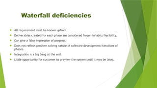 Waterfall deficiencies
 All requirement must be known upfront.
 Deliverables created for each phase are considered frozen inhabits flexibility.
 Can give a false impression of progress.
 Does not reflect problem solving nature of software development iterations of
phases.
 Integration is a big bang at the end.
 Little opportunity for customer to preview the system(until it may be late).
 
