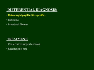 DIFFERENTIAL DIAGNOSIS:
• Retrocuspid papilla (Site specific)
• Papilloma
• Irritational fibroma
TREATMENT:
• Conservative surgical excision
• Recurrence is rare
 