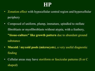 HP
• Zonation effect with hypocellular central region and hypercellular
periphery
• Composed of uniform, plump, immature, spindled to stellate
fibroblasts or myofibroblasts without atypia, with a feathery,
"tissue-culture" like growth pattern due to abundant ground
substance
• Mucoid / myxoid pools (microcysts), a very useful diagnostic
finding
• Cellular areas may have storiform or fascicular patterns (S or C
shaped)
 