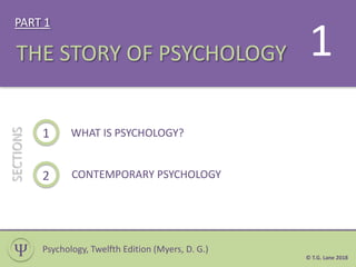 PART 1
THE STORY OF PSYCHOLOGY
1
2
WHAT IS PSYCHOLOGY?
CONTEMPORARY PSYCHOLOGY
SECTIONS
Ѱ
1
Psychology, Twelfth Edition (Myers, D. G.)
© T.G. Lane 2018
 