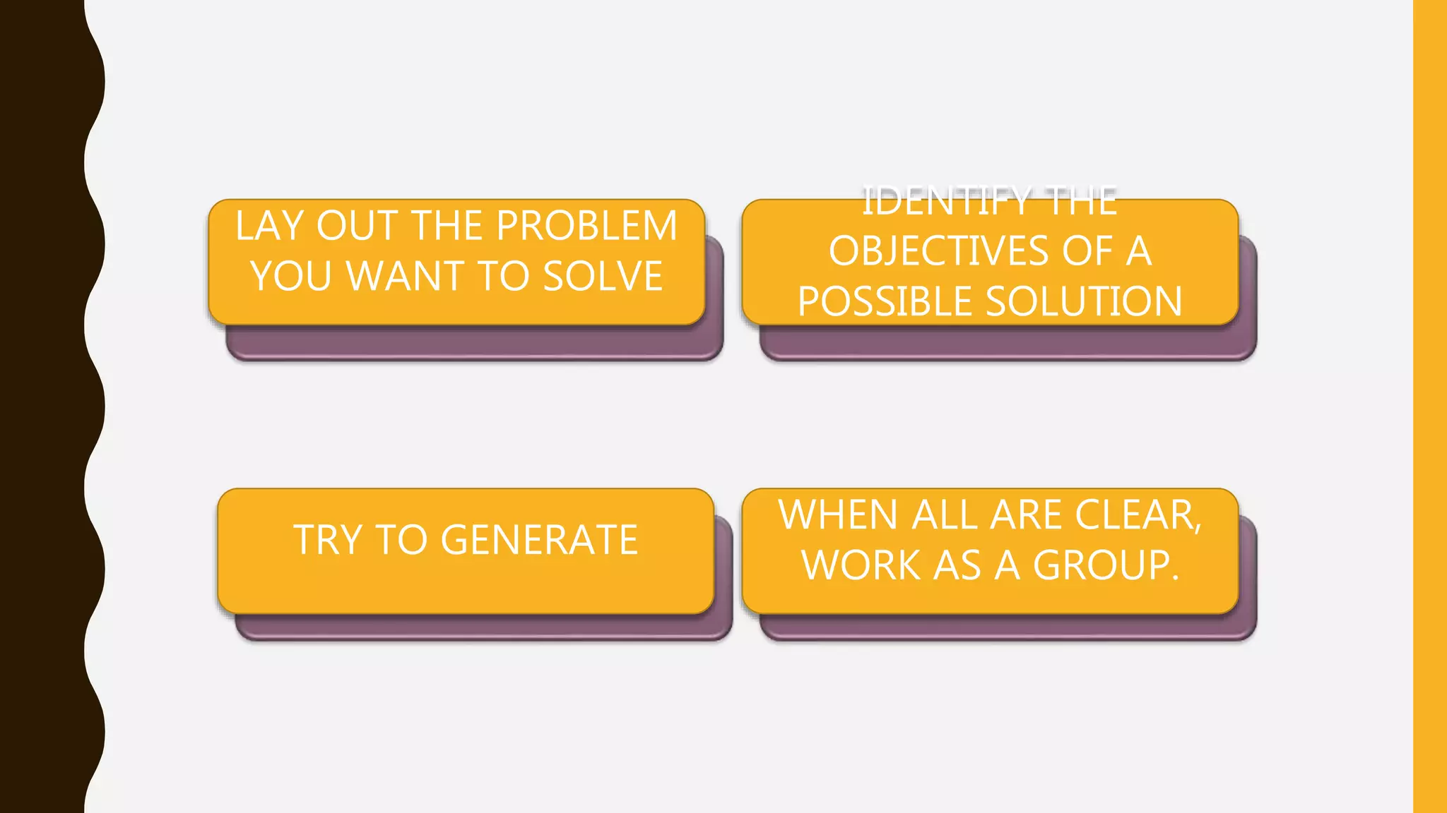 LAY OUT THE PROBLEM
YOU WANT TO SOLVE
IDENTIFY THE
OBJECTIVES OF A
POSSIBLE SOLUTION
TRY TO GENERATE
WHEN ALL ARE CLEAR,
WORK AS A GROUP.
 