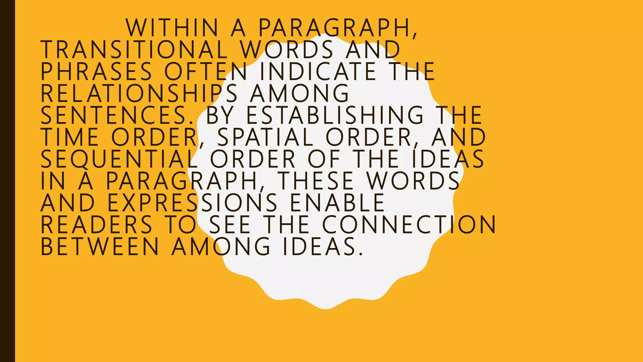 WITHIN A PARAGRAPH,
TRANSITIONAL WORDS AND
PHRASES OFTEN INDICATE THE
REL ATIONSHIPS AMONG
SENTENCES. BY ESTABLISHING THE
TIME ORDER, SPATIAL ORDER, AND
SEQUENTIAL ORDER OF THE IDEAS
IN A PARAGRAPH, THESE WORDS
AND EXPRESSIONS ENABLE
READERS TO SEE THE CONNECTION
BETWEEN AMONG IDEAS.
 