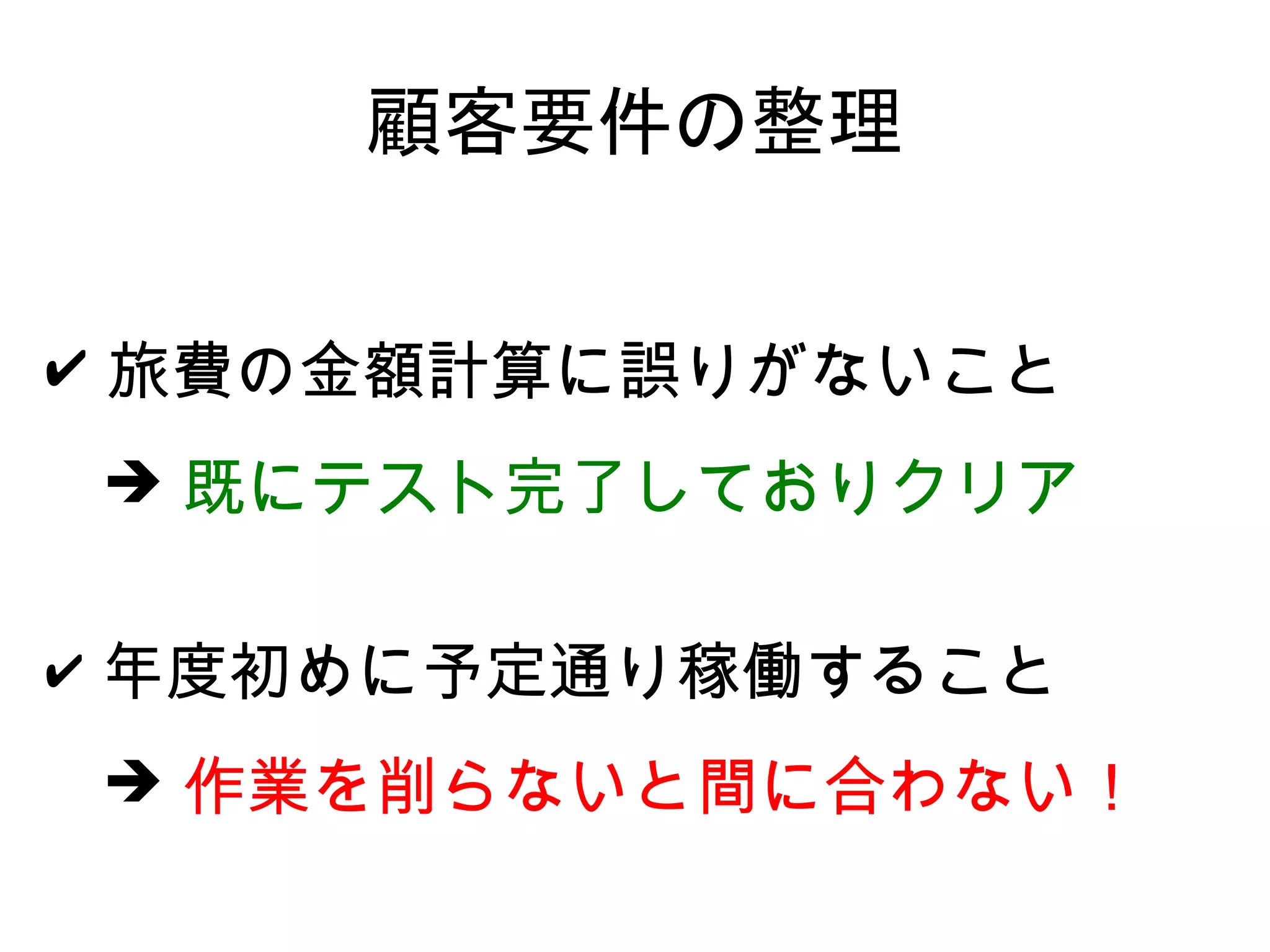 顧客要件の整理


✔ 旅費の金額計算に誤りがないこと
➔ 既にテスト完了しておりクリア


✔ 年度初めに予定通り稼働すること

➔ 作業を削らないと間に合わない！
 