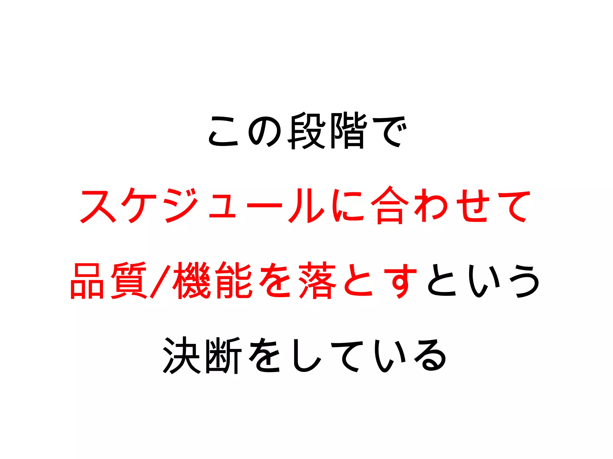 この段階で
スケジュールに合わせて
品質/機能を落とすという
  決断をしている
 
