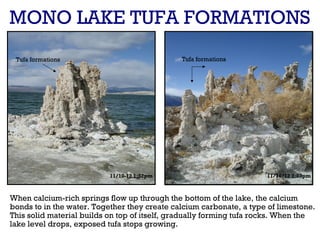 MONO LAKE TUFA FORMATIONS
 Tufa formations                              Tufa formations




                           11/10-12 1:52pm                           11/10/12 2:03pm



When calcium-rich springs flow up through the bottom of the lake, the calcium
bonds to in the water. Together they create calcium carbonate, a type of limestone.
This solid material builds on top of itself, gradually forming tufa rocks. When the
lake level drops, exposed tufa stops growing.
 