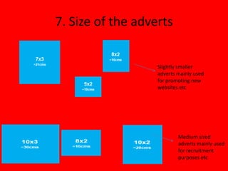 7. Size of the adverts


                   Slightly smaller
                   adverts mainly used
                   for promoting new
                   websites etc




                           Medium sized
                           adverts mainly used
                           for recruitment
                           purposes etc
 