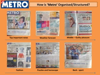 How is ‘Metro’ Organised/Structured?




Top important news     Weather forecast      Middle – Guilty pleasure




      Fashion        Puzzles and horoscope         Back - sport
 