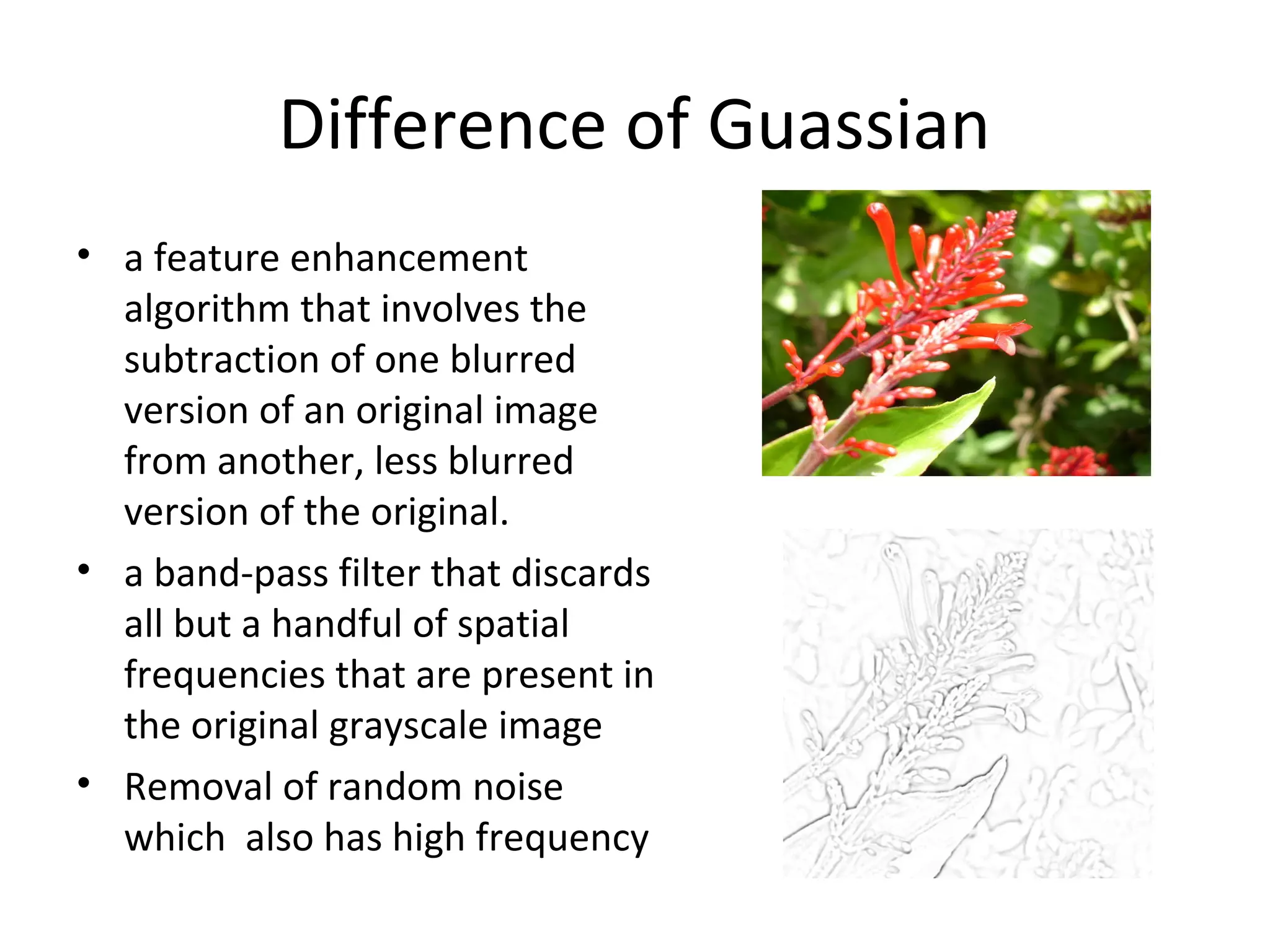 Difference of Guassian
• a feature enhancement
  algorithm that involves the
  subtraction of one blurred
  version of an original image
  from another, less blurred
  version of the original.
• a band-pass filter that discards
  all but a handful of spatial
  frequencies that are present in
  the original grayscale image
• Removal of random noise
  which also has high frequency
 
