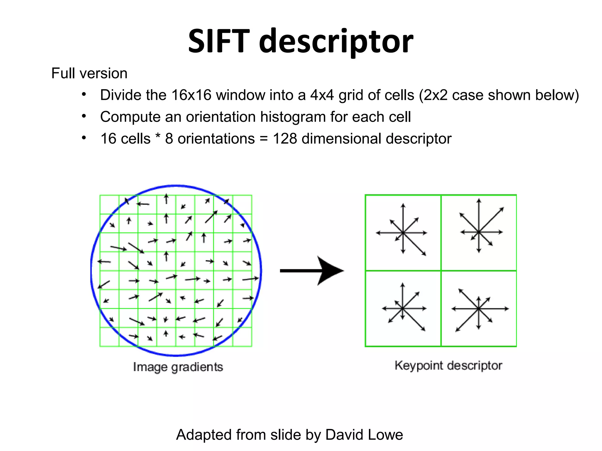 SIFT descriptor
Full version
     • Divide the 16x16 window into a 4x4 grid of cells (2x2 case shown below)
     • Compute an orientation histogram for each cell
     • 16 cells * 8 orientations = 128 dimensional descriptor




                  Adapted from slide by David Lowe
 