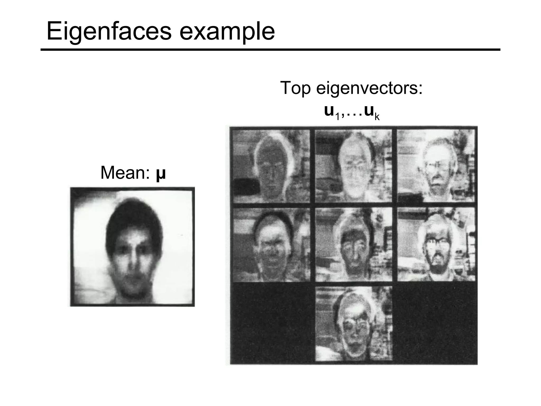 Eigenfaces example

                     Top eigenvectors:
                          u1,…uk


    Mean: μ
 
