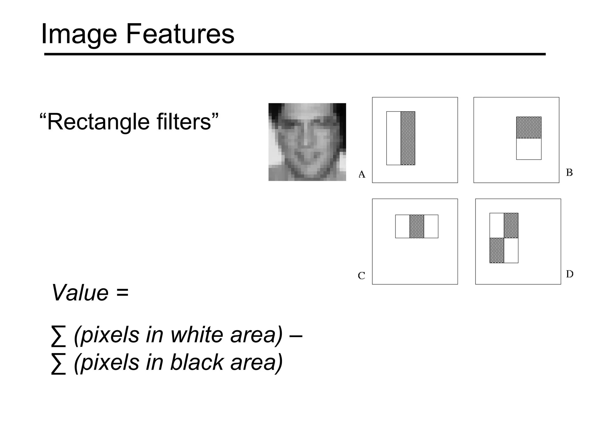 Image Features


“Rectangle filters”




 Value =
 ∑ (pixels in white area) –
 ∑ (pixels in black area)
 