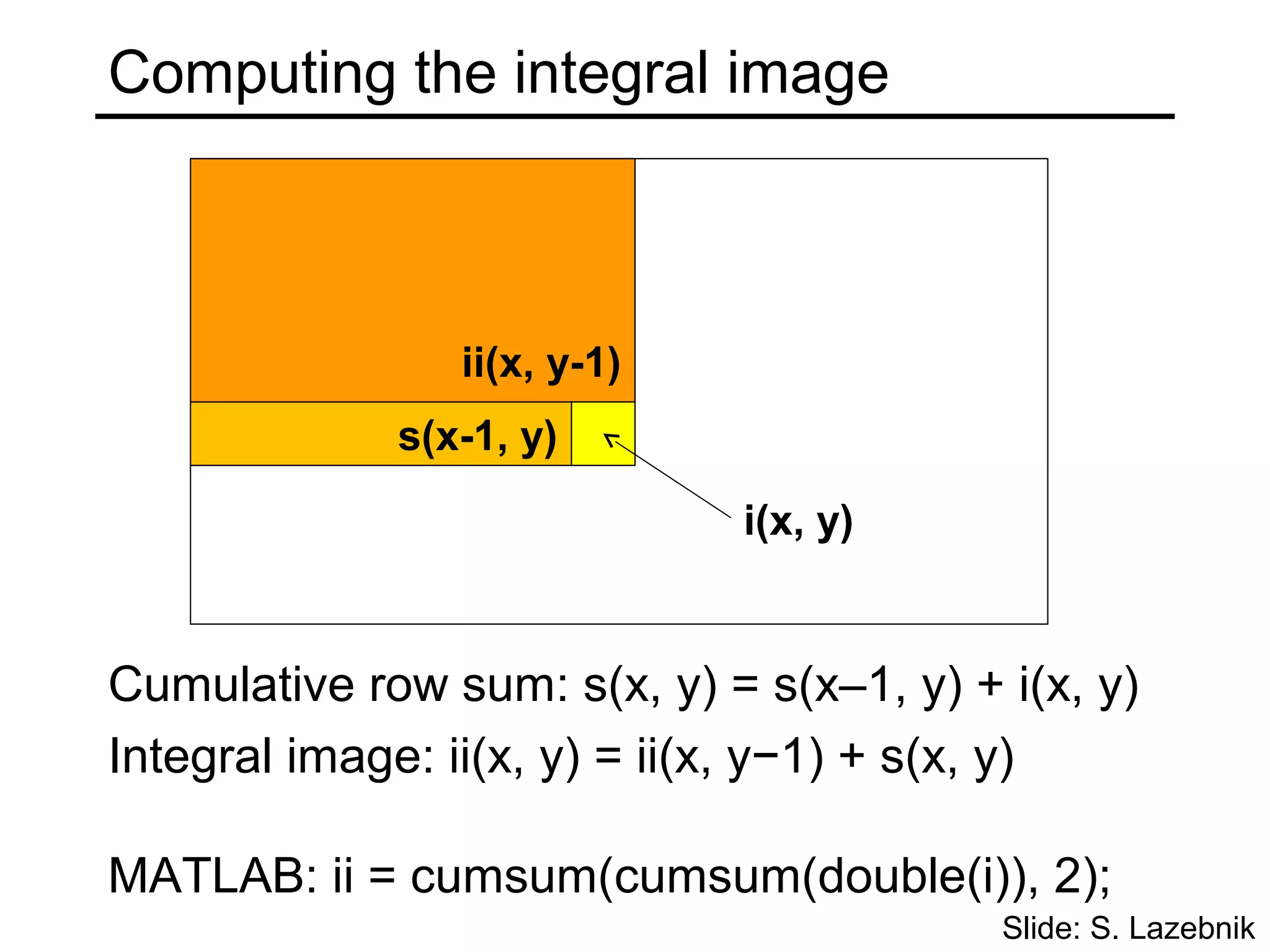 Computing the integral image



                ii(x, y-1)
             s(x-1, y)

                              i(x, y)


Cumulative row sum: s(x, y) = s(x–1, y) + i(x, y)
Integral image: ii(x, y) = ii(x, y−1) + s(x, y)

MATLAB: ii = cumsum(cumsum(double(i)), 2);
                                          Slide: S. Lazebnik
 
