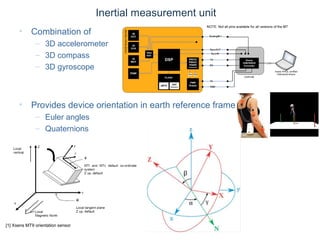 © Daniel Roggen www.danielroggen.net droggen@gmail.com
Inertial measurement unit
• Combination of
– 3D accelerometer
– 3D compass
– 3D gyroscope
• Provides device orientation in earth reference frame
– Euler angles
– Quaternions
[1] Xsens MT9 orientation sensor
 