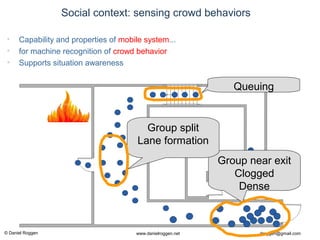 © Daniel Roggen www.danielroggen.net droggen@gmail.com
Group near exit
Clogged
Dense
Queuing
Group split
Lane formation
• Capability and properties of mobile system...
• for machine recognition of crowd behavior
• Supports situation awareness
Social context: sensing crowd behaviors
 