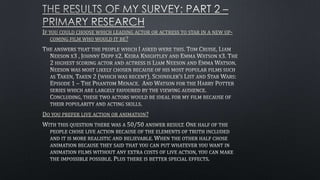 IF YOU COULD CHOOSE WHICH LEADING ACTOR OR ACTRESS TO STAR IN A NEW UP-
COMING FILM WHO WOULD IT BE?
DO YOU PREFER LIVE ACTION OR ANIMATION?
 
