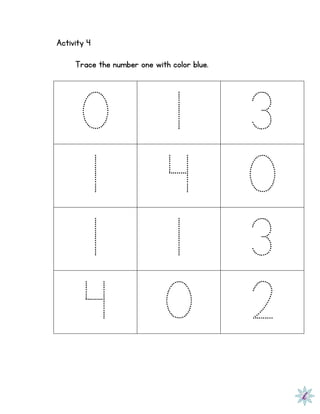 Activity 4
Trace the number one with color blue.
0 1 3
1 4 0
1 1 3
4 0 2
 