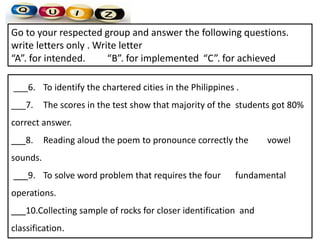 Go to your respected group and answer the following questions.
write letters only . Write letter
“A”. for intended. “B”. for implemented “C”. for achieved
___6. To identify the chartered cities in the Philippines .
___7. The scores in the test show that majority of the students got 80%
correct answer.
___8. Reading aloud the poem to pronounce correctly the vowel
sounds.
___9. To solve word problem that requires the four fundamental
operations.
___10.Collecting sample of rocks for closer identification and
classification.
 