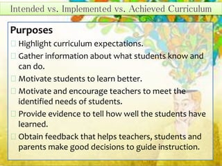 Purposes
Highlight curriculum expectations.
Gather information about what students know and
can do.
Motivate students to learn better.
Motivate and encourage teachers to meet the
identified needs of students.
Provide evidence to tell how well the students have
learned.
Obtain feedback that helps teachers, students and
parents make good decisions to guide instruction.
 