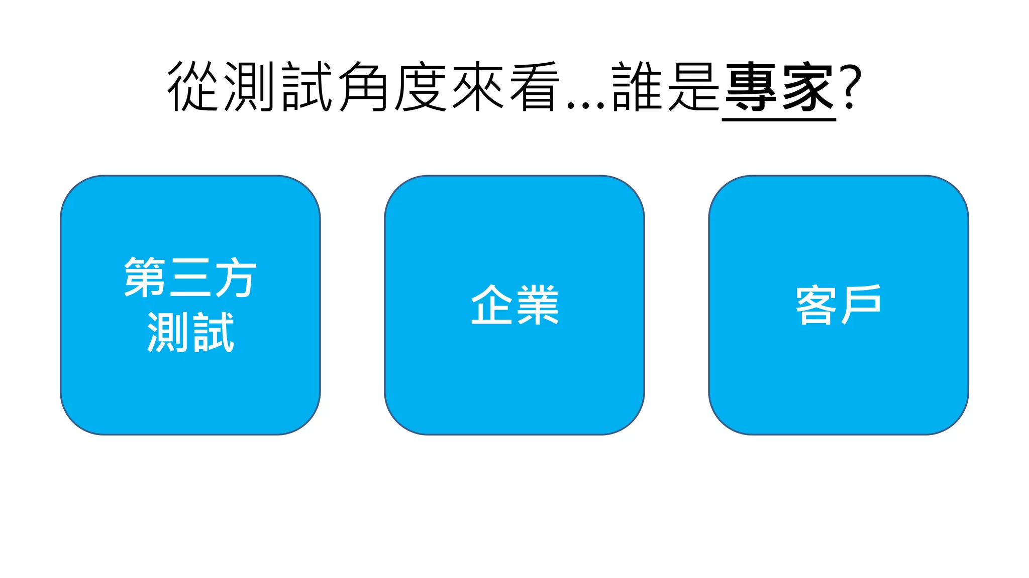 第三方
測試
企業 客戶
從測試角度來看…誰是專家?
 
