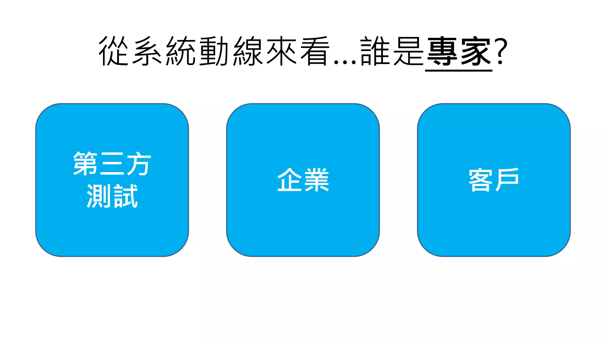 第三方
測試
企業 客戶
從系統動線來看…誰是專家?
 