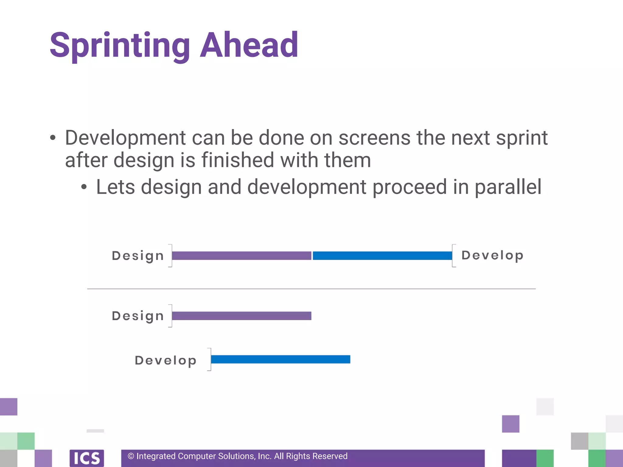 © Integrated Computer Solutions, Inc. All Rights Reserved
Sprinting Ahead
• Development can be done on screens the next sprint
after design is finished with them
• Lets design and development proceed in parallel
 