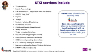 STKI.INFO
160
Copyright@STKI_2026 Do not remove source or attribution from any slide, graph or portion of graph
V1.B
STKI services include
• Weekly Webinars
• Vendor Innovation Workshops
• CIO Annual Meeting (during the summit)
• COO Community meetings & workshops
• OCIO Community meetings & workshops
• CTO Community meetings & workshops
• Brainstorming (based on Design Thinking) Workshops
• STKI Annual Summit (Trends)
• Virtual meetings
• Face-to-Face meetings
• STKI Analyst House Calls (for both users and vendors)
• CIO STKI "Help Desk"
• Inquiries
• Surveys
• Strategic Marketing & Positioning
• Round Tables for users
• STKI Annual Summit (Israeli Market)
Unlike some research and
advisory firms
Does no consulting work,
allowing our research to be
totally unbiased, with no
hidden agendas to promote
any particular technology or
vendor
 