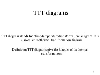 TTT diagrams
TTT diagram stands for “time-temperature-transformation” diagram. It is
also called isothermal transformation diagram
Definition: TTT diagrams give the kinetics of isothermal
transformations.
1
 