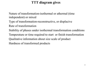 TTT diagram gives
Nature of transformation-isothermal or athermal (time
independent) or mixed
Type of transformation-reconstructive, or displacive
Rate of transformation
Stability of phases under isothermal transformation conditions
Temperature or time required to start or finish transformation
Qualitative information about size scale of product
Hardness of transformed products
18
 