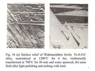 Fig. 16 (a) Surface relief of Widmanstätten ferrite Fe-0.41C
alloy, austenitised at 1200°C for 6 hrs, isothermally
transformed at 700°C for 30 min and water quenced, (b) same
field after light polishing and etching with nital. 39
 