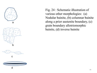 Fig. 24 : Schematic illustration of
various other morphologies: (a)
Nodular bainite, (b) columnar bainite
along a prior austenite boundary, (c)
grain boundary allotriomorphic
bainite, (d) inverse bainite
a
b
c
d
48
 