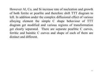 However Al, Co, and Si increase rate of nucleation and growth
of both ferrite or pearlite and therefore shift TTT diagram to
left. In addition under the complex diffusional effect of various
alloying element the simple C shape behaviour of TTT
diagram get modified and various regions of transformation
get clearly separated. There are separate pearlitic C curves,
ferritic and bainitic C curves and shape of each of them are
distinct and different.
63
 