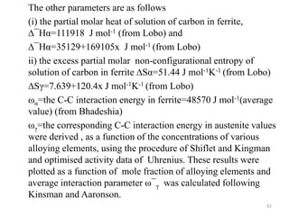 The other parameters are as follows
(i) the partial molar heat of solution of carbon in ferrite,
∆¯Hα=111918 J mol-1 (from Lobo) and
∆¯Hα=35129+169105x J mol-1 (from Lobo)
ii) the excess partial molar non-configurational entropy of
solution of carbon in ferrite ∆Sα=51.44 J mol-1K-1 (from Lobo)
∆Sγ=7.639+120.4x J mol-1K-1 (from Lobo)
ωα=the C-C interaction energy in ferrite=48570 J mol-1(average
value) (from Bhadeshia)
ωγ=the corresponding C-C interaction energy in austenite values
were derived , as a function of the concentrations of various
alloying elements, using the procedure of Shiflet and Kingman
and optimised activity data of Uhrenius. These results were
plotted as a function of mole fraction of alloying elements and
average interaction parameter ω¯γ was calculated following
Kinsman and Aaronson.
92
 