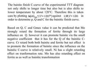 Based on Q, C and Gmax value it can be predicted that Mo
strongly retard the formation of ferrite through its large
influence on Q. however it can promote bainite via the small
negative coefficient that it has for the Q of the bainitic C-
curve. Cr retard both both bainite and ferrite but net effect is
to promote the formation of bainite since the influence on the
bainitic C-curve is relatively small. Ni has a slight retarding
effect on tranformation rate. Mn has also retarding effect on
ferrite as as well as bainitic transformation
The bainite finish C-curve of the experimental TTT diagram
not only shifts to longer time but also but is also shifts to
lower temperature by about 120°C. Therefore this is taken
care by plotting against in
order to determine p, Q and C for the bainitic finish curve.
97
 