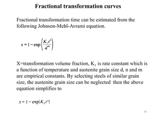 Fractional transformation curves
Fractional transformation time can be estimated from the
following Johnson-Mehl-Avrami equation.
X=transformation volume fraction, K1 is rate constant which is
a function of temperature and austenite grain size d, n and m
are empirical constants. By selecting steels of similar grain
size, the austenite grain size can be neglected then the above
equation simplifies to
98
 
