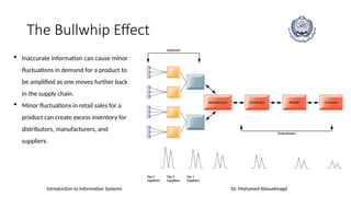 Introduction to Information Systems Dr. Mohamed Abouelmagd
The Bullwhip Effect
 Inaccurate information can cause minor
fluctuations in demand for a product to
be amplified as one moves further back
in the supply chain.
 Minor fluctuations in retail sales for a
product can create excess inventory for
distributors, manufacturers, and
suppliers.
 