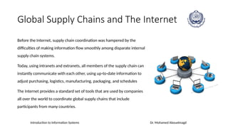 Introduction to Information Systems Dr. Mohamed Abouelmagd
Global Supply Chains and The Internet
Before the Internet, supply chain coordination was hampered by the
difficulties of making information flow smoothly among disparate internal
supply chain systems.
Today, using intranets and extranets, all members of the supply chain can
instantly communicate with each other, using up-to-date information to
adjust purchasing, logistics, manufacturing, packaging, and schedules
The Internet provides a standard set of tools that are used by companies
all over the world to coordinate global supply chains that include
participants from many countries.
 