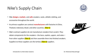 Introduction to Information Systems Dr. Mohamed Abouelmagd
Nike’s Supply Chain
• Nike designs, markets, and sells sneakers, socks, athletic clothing, and
accessories throughout the world.
• Its primary suppliers are contract manufacturers with factories in China,
Thailand, Indonesia, Brazil, and other countries. (Tier-1)
• Nike’s contract suppliers do not manufacture sneakers from scratch. They
obtain components for the sneakers—the laces, eyelets, uppers, and soles—
from other suppliers (Tier-2) and then assemble them into finished sneakers.
Suppliers to these suppliers are the tertiary (Tier-3) suppliers.
 